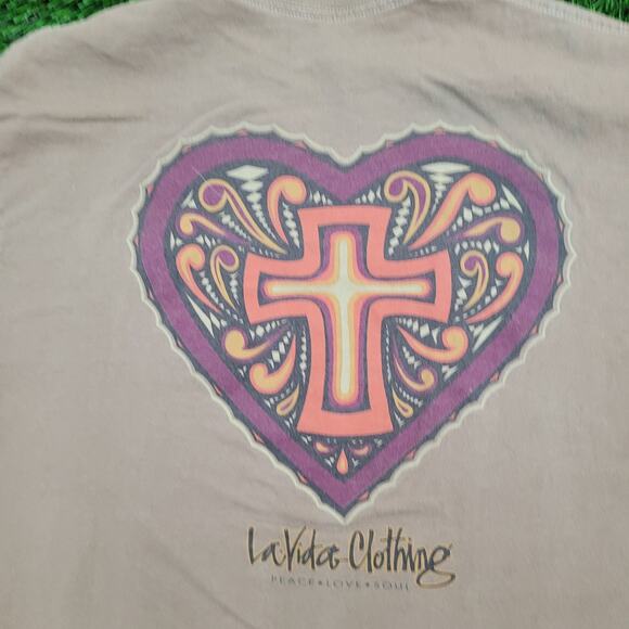 Vintage La-Vida Cross Heart Shirt Medium 20x27 Brown - Picture 8 of 16